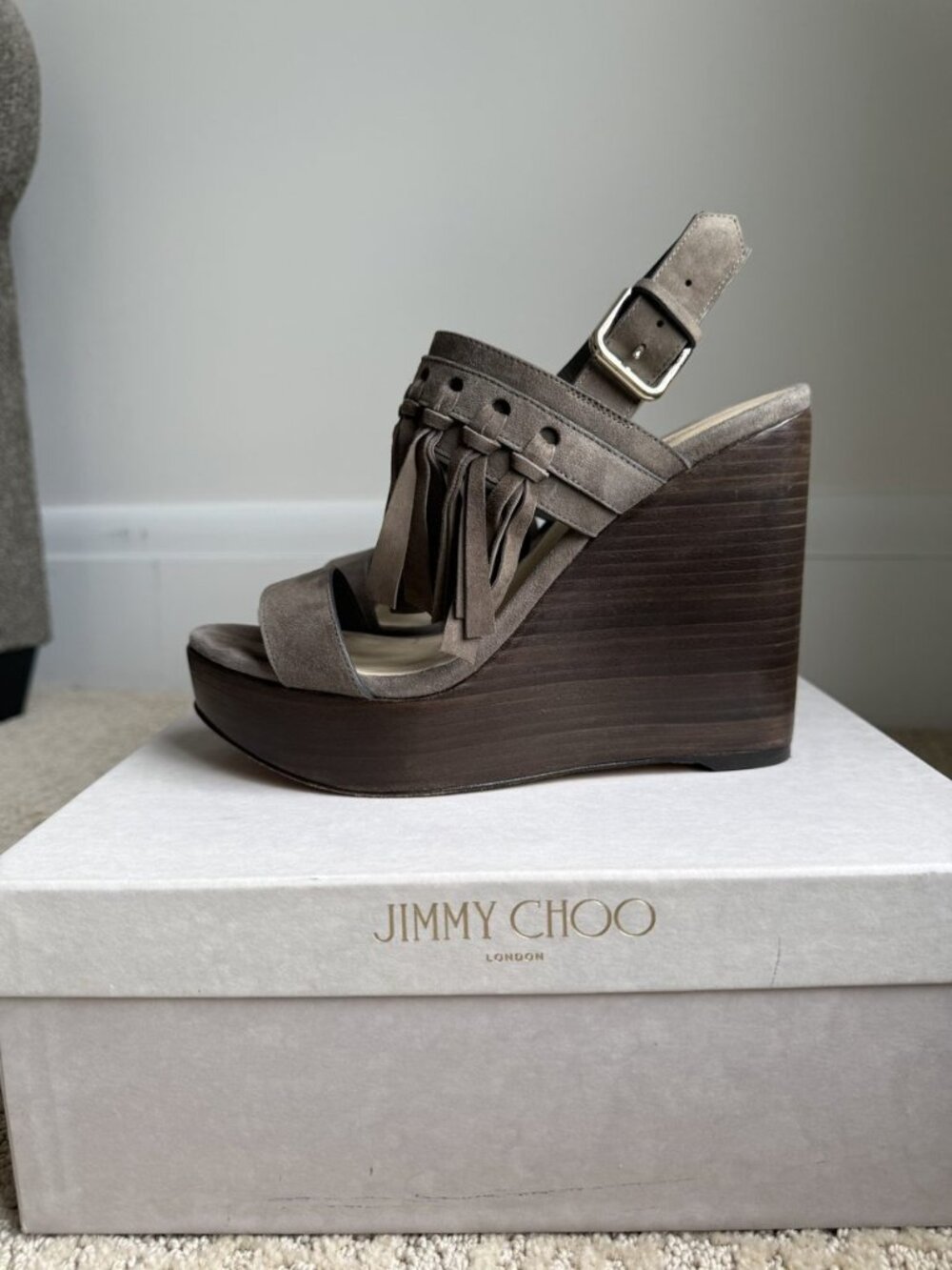 Jimmy Choo Nya 120 Mink Suede Fringe Platform Wedge Sandals Size 39 + Box
